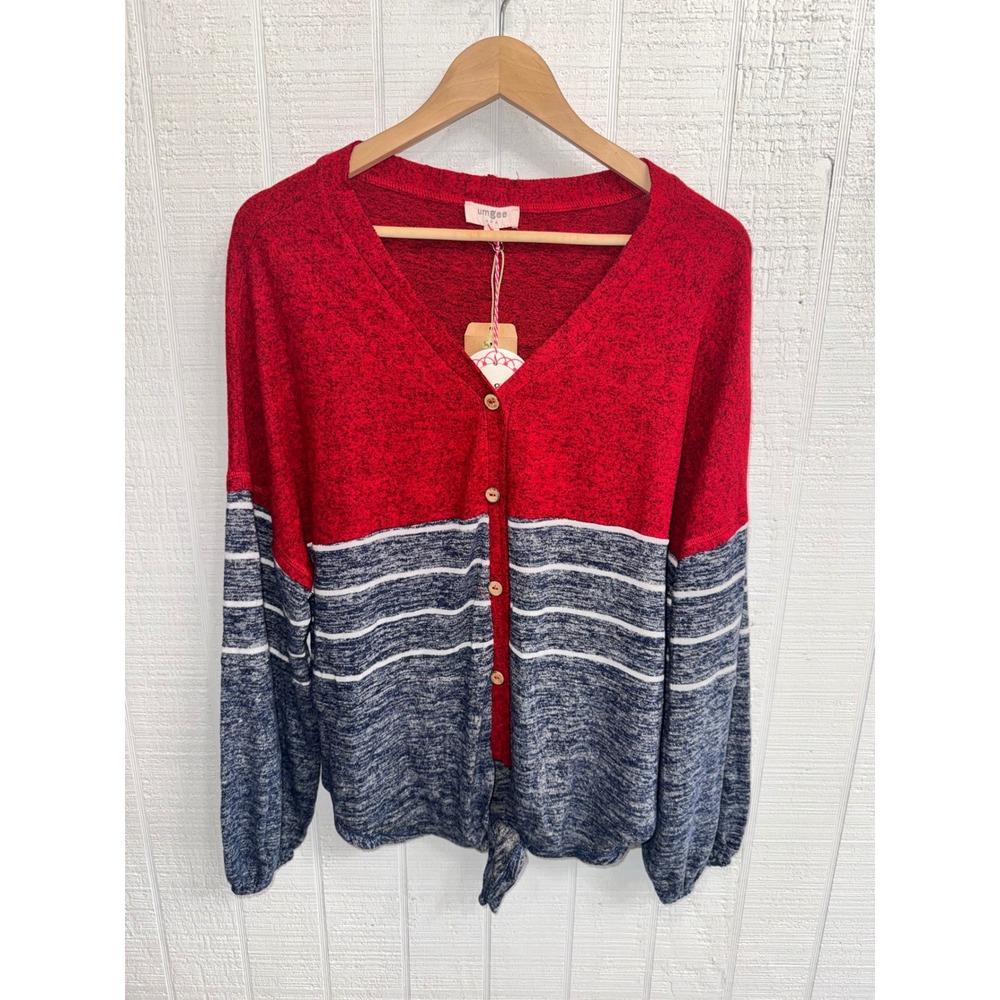 Umgee Cardigan Women Red Blue Colorblock Striped Tie Front V-Neck Small NWT